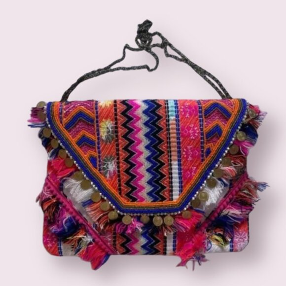 ⭐️ Envelope Tassel Fringe Embroidered Aztec Coin Chic Print Shoulder Bag Purse - Picture 1 of 7